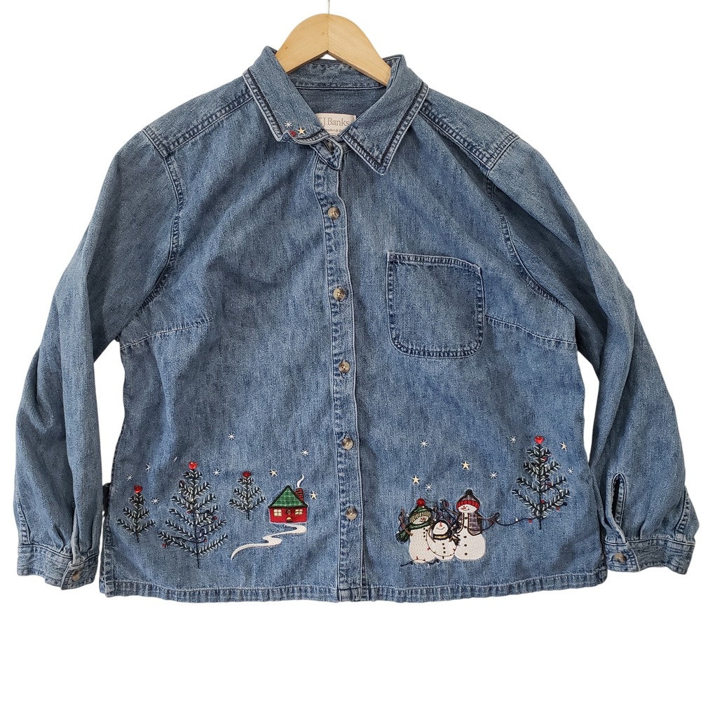 CJ Banks Womens 1X Denim‎ Shirt Embroidered Snowman Christmas Tree Long Sleeve